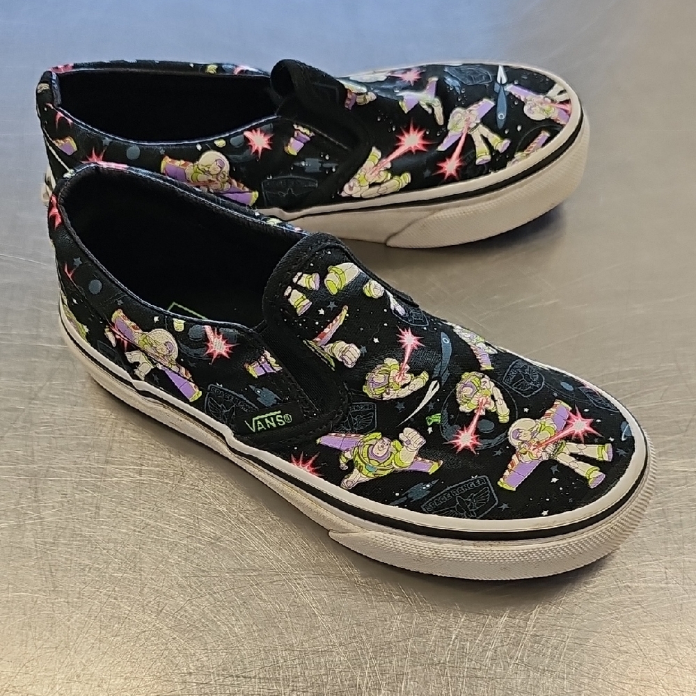 Vans Kids Black Buzz Lightyear Slip-On Sneakers with Purple and Green Accents